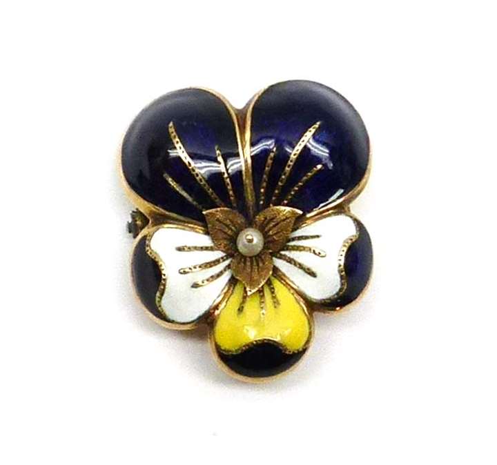 Antique blue, white and yellow enamelled gold pansy brooch